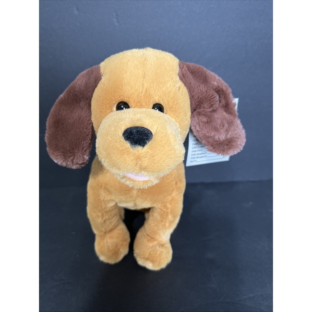 Goffa Stuffed Animal Plush Puppy Dog black Eyes Brown & Gold '10' Sample Soft